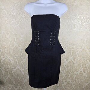 Bebe Size 2 Black Strapless Mini Dress Peplum Corset Look Bodycon Sexy Party